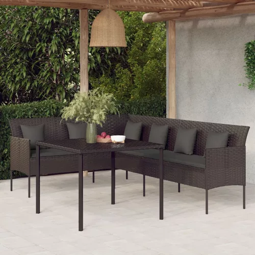  2 részes fekete polyrattan kerti étkezőgarnitúra párnával