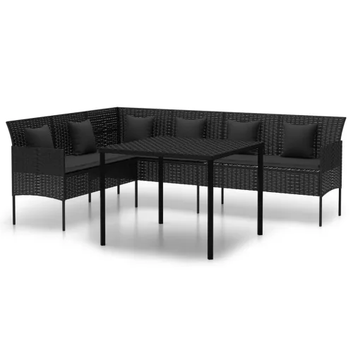  2 részes fekete polyrattan kerti étkezőgarnitúra párnával