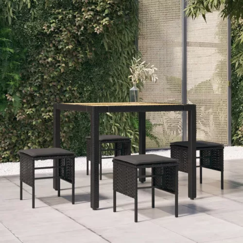  4 db fekete polyrattan kerti lábzsámoly párnákkal