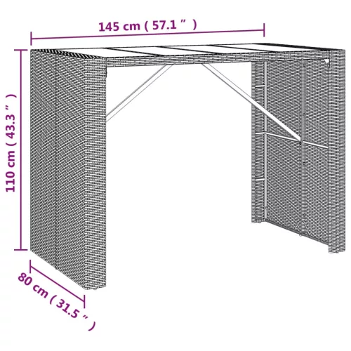  barna polyrattan kerti asztal üveglappal 145 x 80 x 110 cm