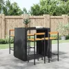  4 db fekete polyrattan és tömör akácfa bárszék