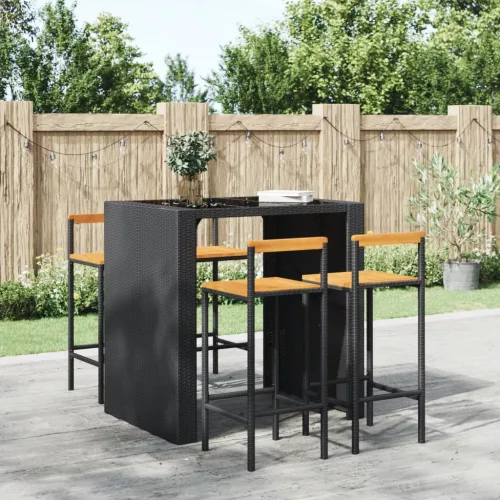  4 db fekete polyrattan és tömör akácfa bárszék