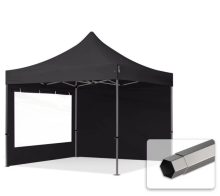   Professional összecsukható sátrak PREMIUM 350g/m2 ponyvával, acélszerkezettel, 2 oldalfallal, panoráma ablakkal - 3x3m fekete
