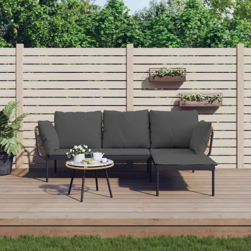  3 részes polyrattan kerti ülőgarnitúra sötétszürke párnákkal