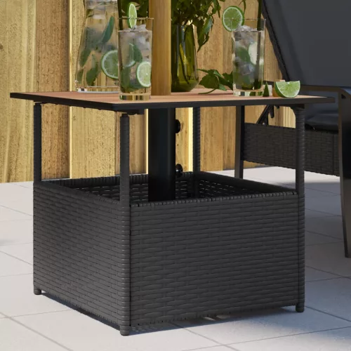  fekete polyrattan kerti asztal napernyőlyukkal 55x55x46,5 cm