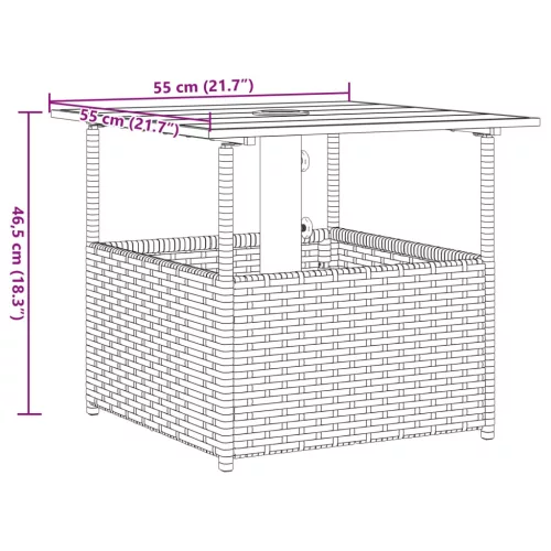  fekete polyrattan kerti asztal napernyőlyukkal 55x55x46,5 cm