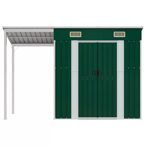  zöld kerti fészer meghosszabbított tetővel 277x107x181 cm