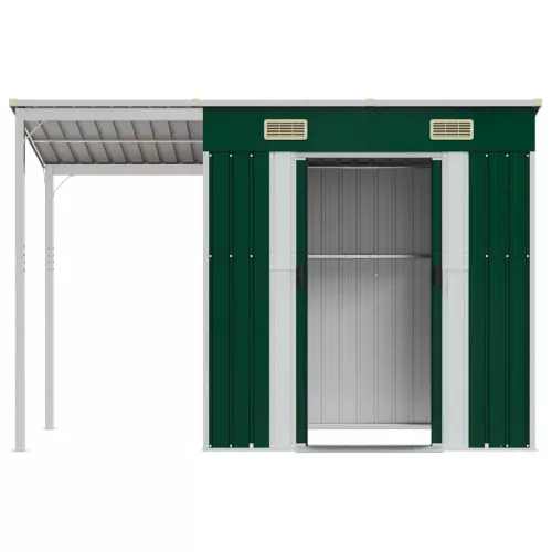  zöld kerti fészer meghosszabbított tetővel 277x107x181 cm