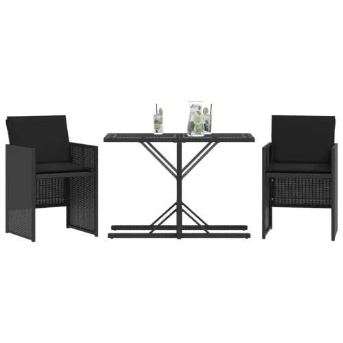  3 részes fekete polyrattan bisztrógarnitúra párnával