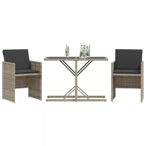  3 részes világosszürke polyrattan bisztrógarnitúra párnákkal