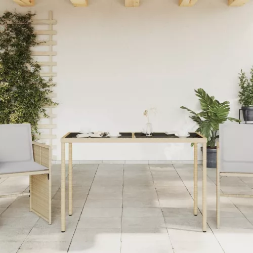  bézs polyrattan üveglapos kerti asztal 115x54x74 cm