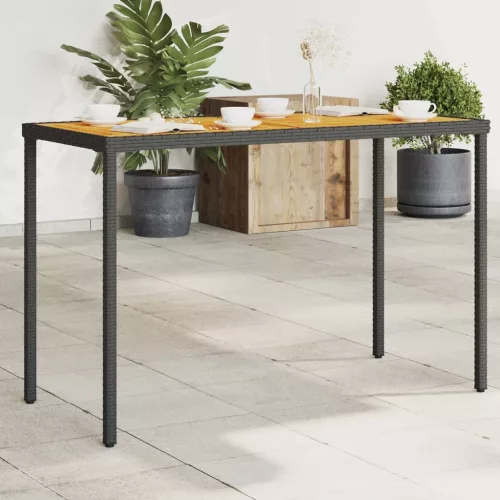  fekete polyrattan akácfa lapos kerti asztal 115x54x74 cm