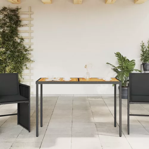  fekete polyrattan akácfa lapos kerti asztal 115x54x74 cm