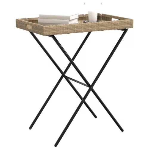  bézs összecsukható polyrattan tálcaasztal 65 x 40 x 75 cm