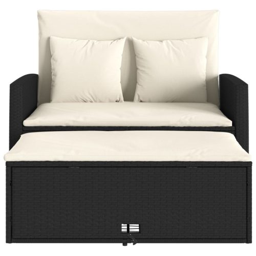  2 személyes fekete polyrattan kerti kanapé párnával