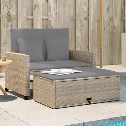  2 személyes bézs polyrattan kerti kanapé párnával