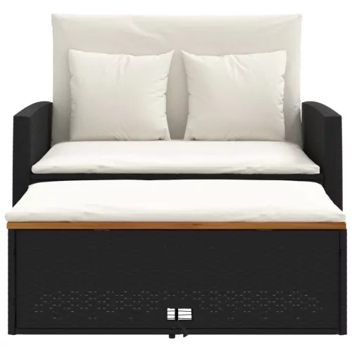  2 személyes fekete polyrattan/akácfa kerti kanapé párnával