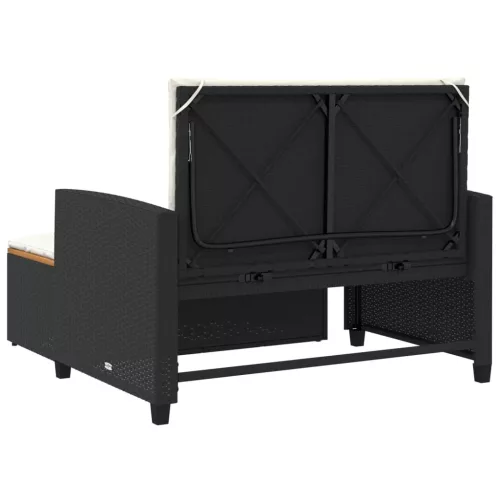  2 személyes fekete polyrattan/akácfa kerti kanapé párnával