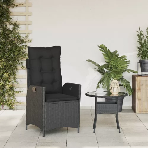  fekete polyrattan dönthető kerti szék párnával
