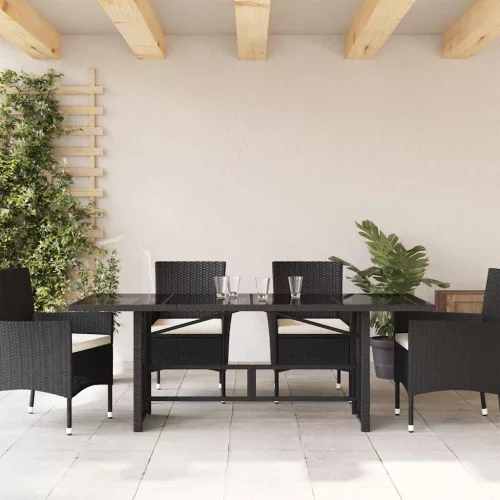  fekete polyrattan üveglapos kerti asztal 190x80x74 cm