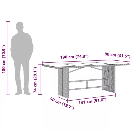 fekete polyrattan üveglapos kerti asztal 190x80x74 cm