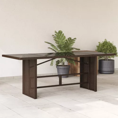  barna polyrattan üveglapos kerti asztal 190 x 80 x 74 cm