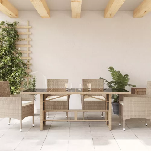  bézs polyrattan üveglapos kerti asztal 190x80x74 cm