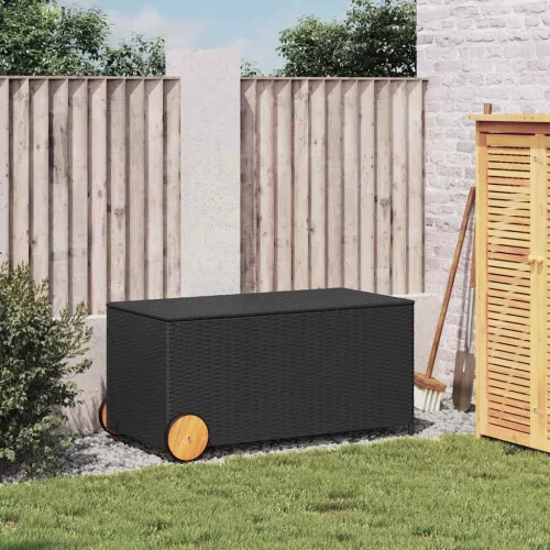  fekete polyrattan kerti tárolóláda kerekekkel 190 L
