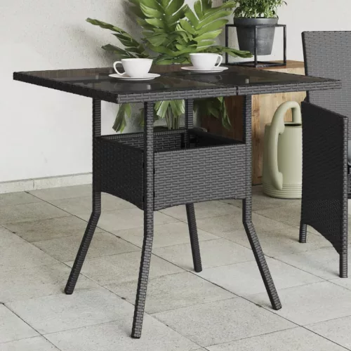  fekete polyrattan üveglapos kerti asztal 80 x 80 x 75 cm