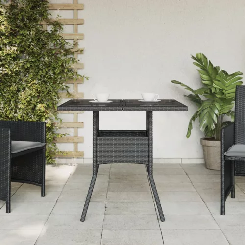  fekete polyrattan üveglapos kerti asztal 80 x 80 x 75 cm
