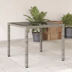  szürke polyrattan üveglapos kerti asztal 90 x 90 x 75 cm