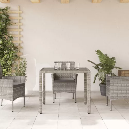  szürke polyrattan üveglapos kerti asztal 90 x 90 x 75 cm