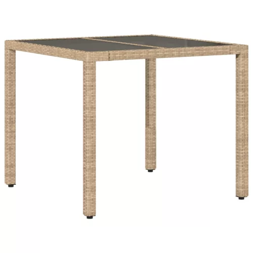  bézs polyrattan üveglapos kerti asztal 90 x 90 x 75 cm