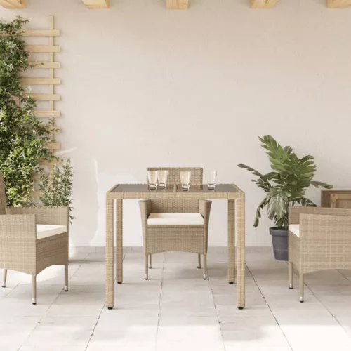  bézs polyrattan üveglapos kerti asztal 90 x 90 x 75 cm