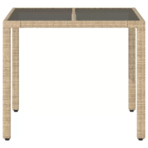  bézs polyrattan üveglapos kerti asztal 90 x 90 x 75 cm