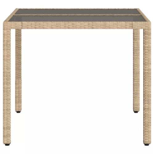  bézs polyrattan üveglapos kerti asztal 90 x 90 x 75 cm