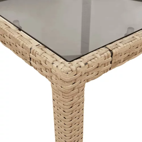  bézs polyrattan üveglapos kerti asztal 90 x 90 x 75 cm