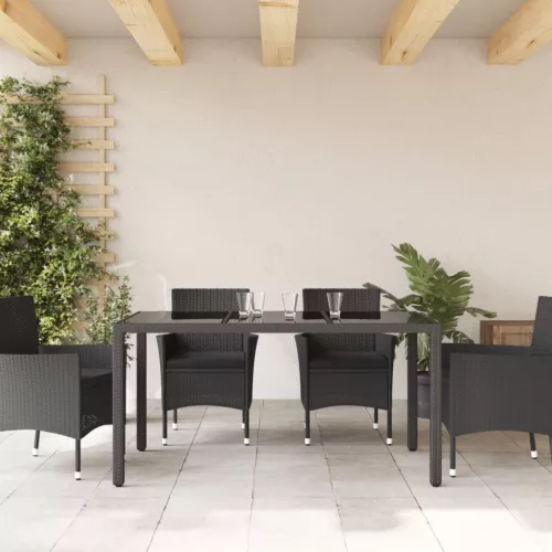  fekete polyrattan üveglapos kerti asztal 150 x 90 x 75 cm