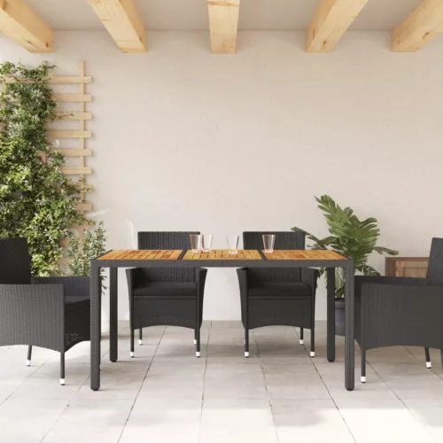  fekete polyrattan kerti asztal akácfa lappal 150 x 90 x 75 cm