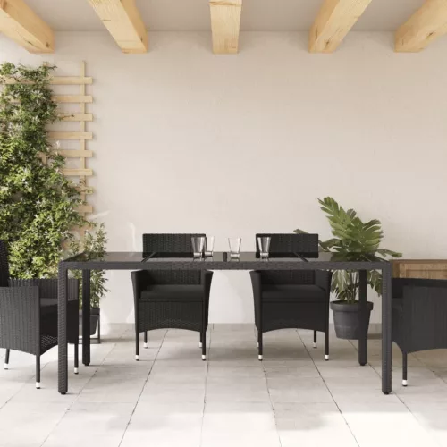  fekete polyrattan üveglapos kerti asztal 190 x 90 x 75 cm