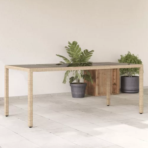  bézs polyrattan üveglapos kerti asztal 190 x 90 x 75 cm