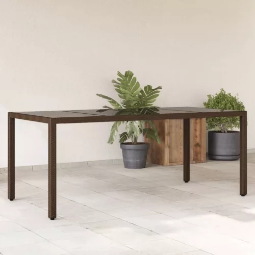  barna polyrattan üveglapos kerti asztal 190 x 90 x 75 cm