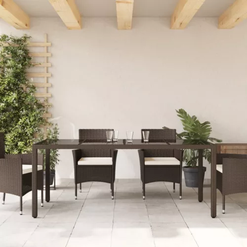  barna polyrattan üveglapos kerti asztal 190 x 90 x 75 cm