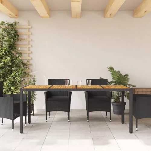  fekete polyrattan kerti asztal akácfa lappal 190 x 90 x 75 cm