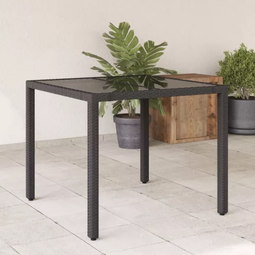  fekete polyrattan üveglapos kerti asztal 90 x 90 x 75 cm