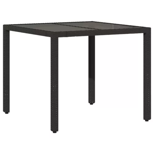  fekete polyrattan üveglapos kerti asztal 90 x 90 x 75 cm