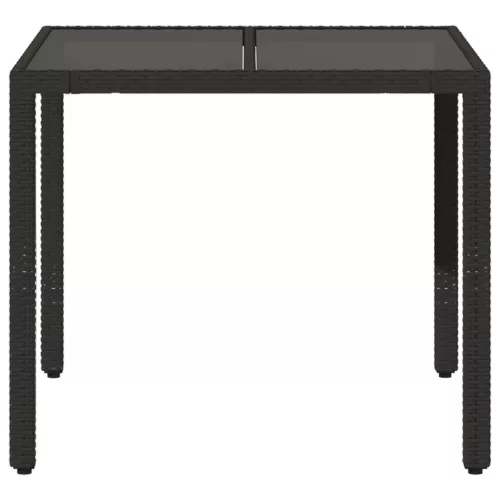  fekete polyrattan üveglapos kerti asztal 90 x 90 x 75 cm