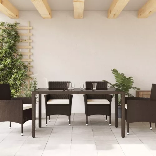  barna polyrattan üveglapos kerti asztal 150 x 90 x 75 cm