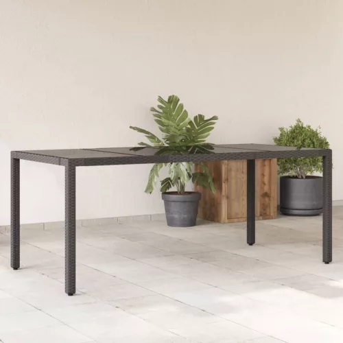  fekete polyrattan üveglapos kerti asztal 190 x 90 x 75 cm