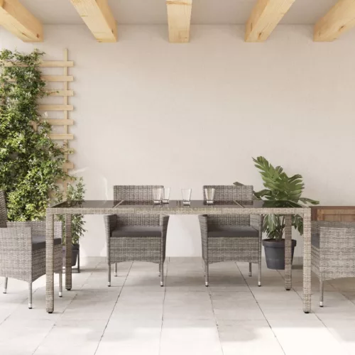  szürke polyrattan üveglapos kerti asztal 190 x 90 x 75 cm